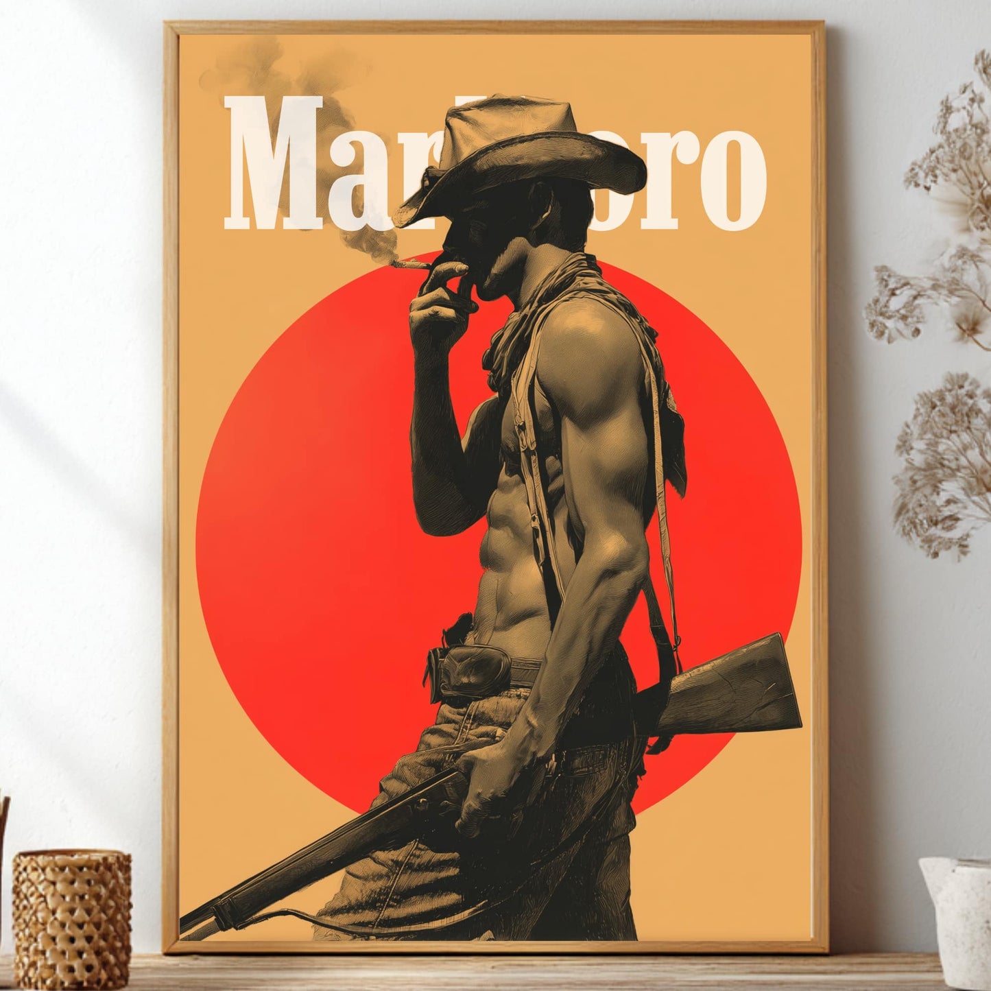 Vintage musclular marlboro stud man smoking a cigarette holding a gun, shirtless, muscle chest and arms. White Marlboro logo.