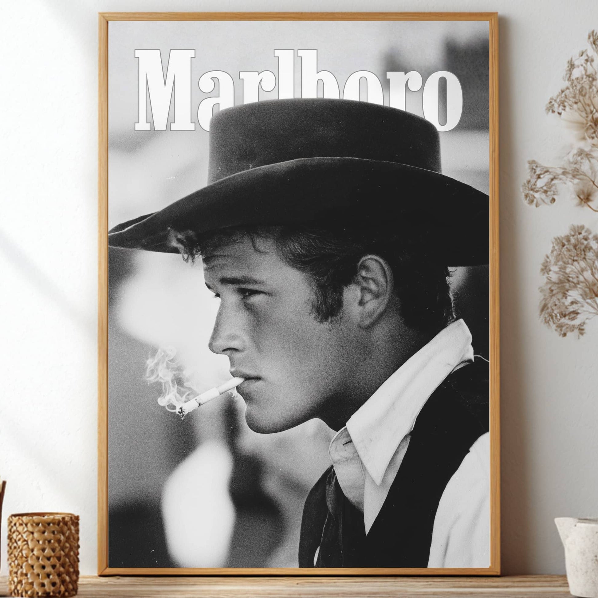 Vintage Cowboy Marlboro poster black and white retro wall art print featuring a cowboy smoking for man cave and americana decor