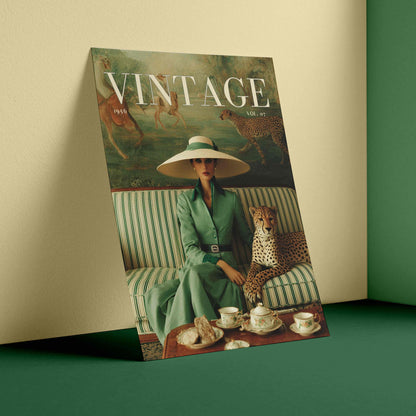 Vintage-style poster of a woman in a green dress with a leopard on a couch against a beige wall.