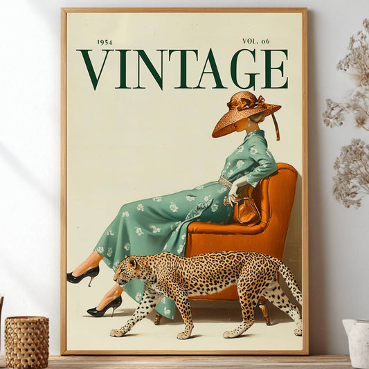 1950s vintage magazine cover poster featuring a woman in a sage green floral dress and wide-brimmed hat seated on a burnt orange leather chair, with a cheetah walking alongside her, forest green VINTAGE typography on cream background
