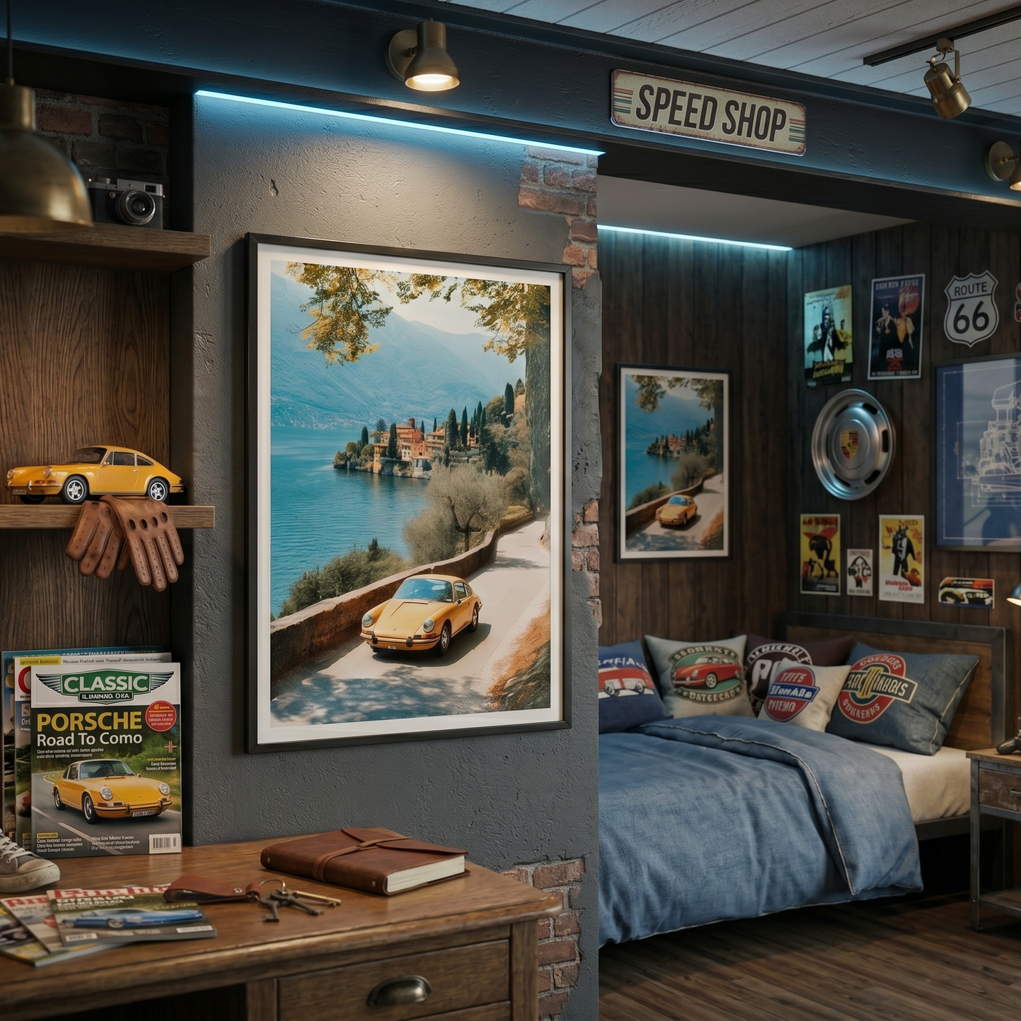 Bedroom with automotive decor, including posters and models on the wall. retro porsche italy lake.