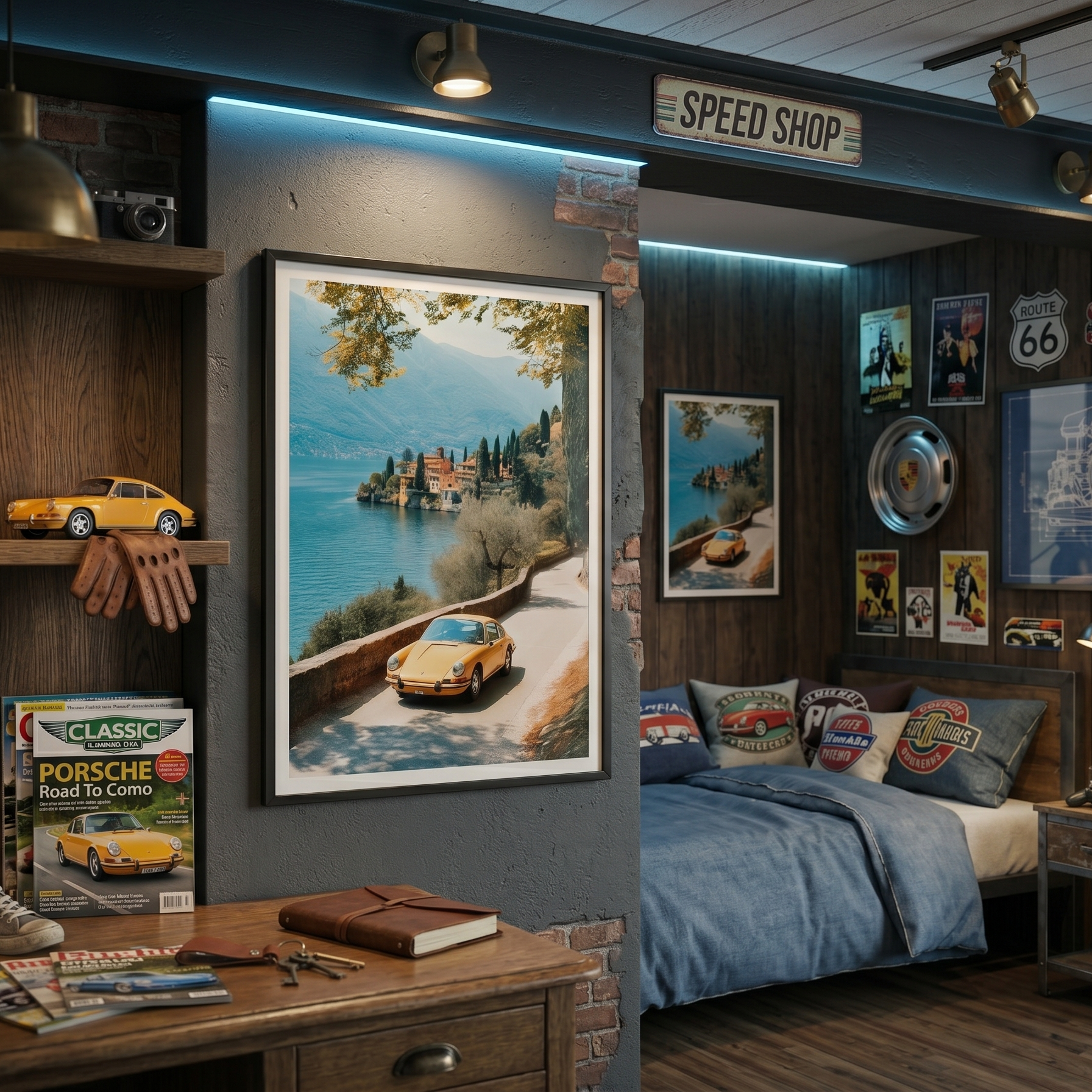 Bedroom with automotive decor, including posters and models on the wall. retro porsche italy lake.