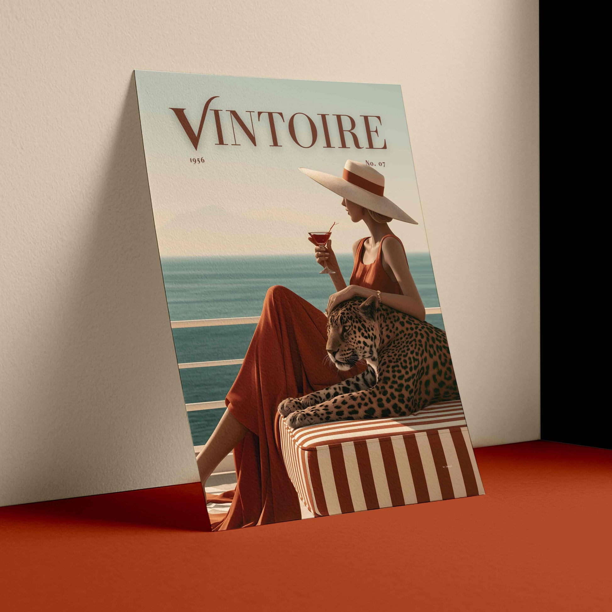 Magazine cover with a woman, leopard, and ocean view on a red surface Framed poster of a faux magazine cover featuring a woman holding a cocktail with a leopard by the ocean, featuring the title 'Vintoire'.