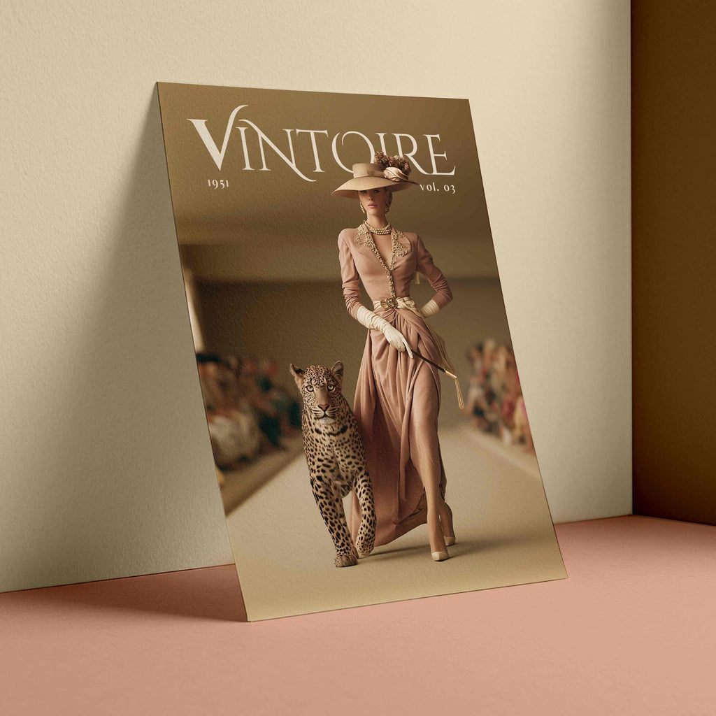 A fashion magazine or poster titled "VINTOIRE" leaning against a beige wall on a dusty pink surface. The cover shows a woman in a long blush pink dress and hat walking with a leopard in a runway setting.