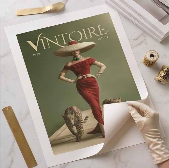 A vintage-style fashion poster titled 'VINTOIRE vol. 07 1959' is displayed on a white marble surface, partially peeled at the bottom right corner by a gloved hand.