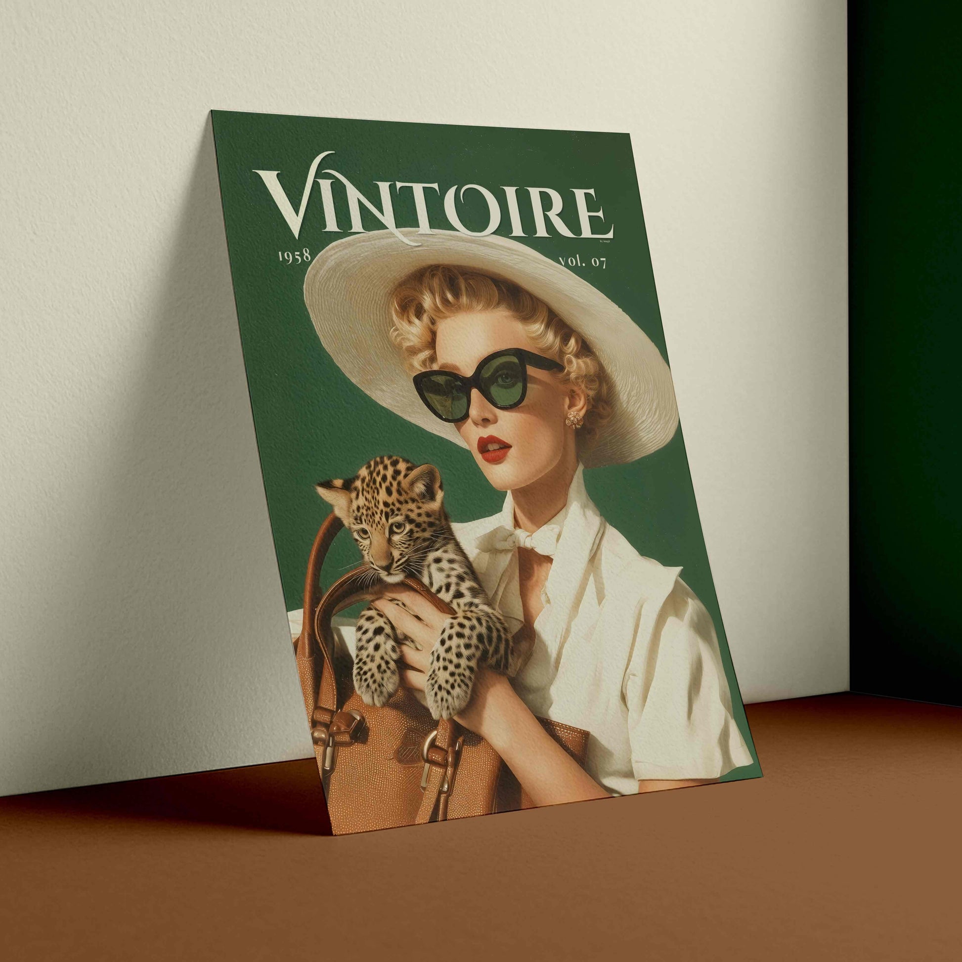 Retro leopard wall art poster: 1950s woman in cat-eye sunglasses holding a leopard cub, green vintage print for maximalist decor