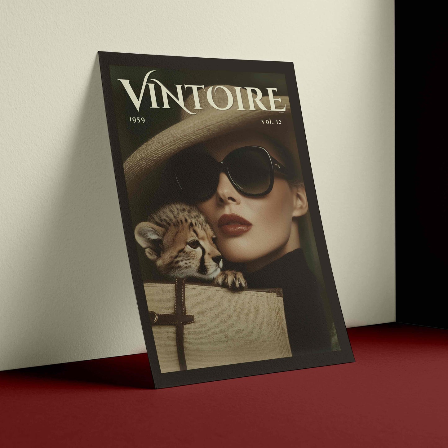 A framed vintage-style magazine cover leaning against a wall on a red surface. The cover reads “VINTOIRE 1959 Vol.