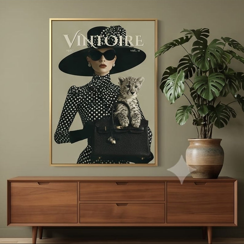 A framed fashion poster featuring a woman in a black hat and coat with the word VINTOIRE. The poster is displayed in different rooms with furniture, plants, and wall decor.