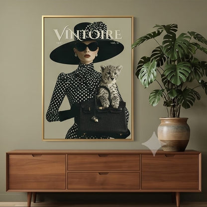 A framed fashion poster featuring a woman in a black hat and coat with the word VINTOIRE. The poster is displayed in different rooms with furniture, plants, and wall decor.
