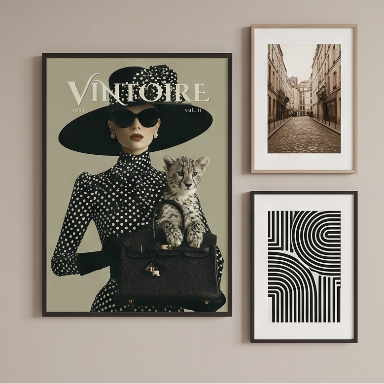 A collage of six interior scenes showing framed fashion posters featuring a woman in a black hat and coat with the word VINTOIRE. The posters are displayed in different rooms with furniture, lamps, plants, and wall decor.