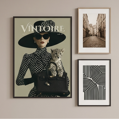 A collage of six interior scenes showing framed fashion posters featuring a woman in a black hat and coat with the word VINTOIRE. The posters are displayed in different rooms with furniture, lamps, plants, and wall decor.