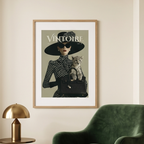 A collage of six interior scenes showing framed fashion posters featuring a woman in a black hat and coat with the word VINTOIRE. The posters are displayed in different rooms with furniture, lamps, plants, and wall decor.