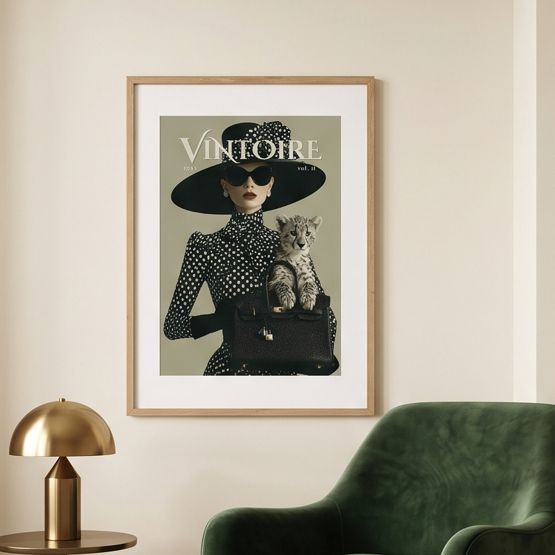 A collage of six interior scenes showing framed fashion posters featuring a woman in a black hat and coat with the word VINTOIRE. The posters are displayed in different rooms with furniture, lamps, plants, and wall decor.