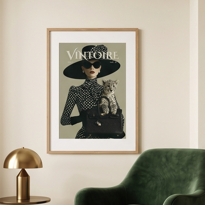 A collage of six interior scenes showing framed fashion posters featuring a woman in a black hat and coat with the word VINTOIRE. The posters are displayed in different rooms with furniture, lamps, plants, and wall decor.