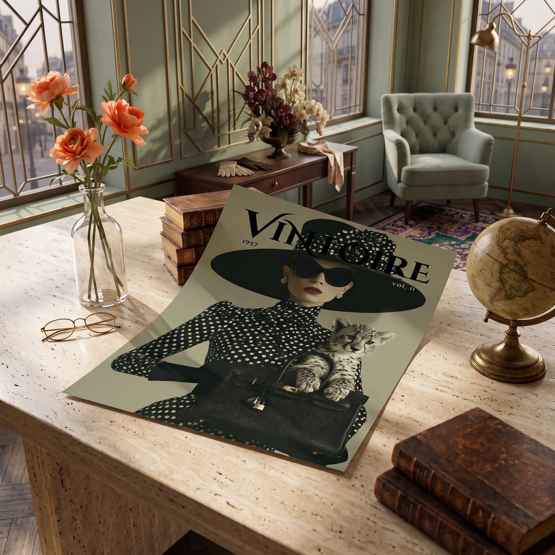 A vintage-style Vogue magazine cover featuring a woman in a black polka-dot dress and hat with a cat in her lap, displayed on a stone desk in a styled room with flowers, books, a globe, and an armchair.