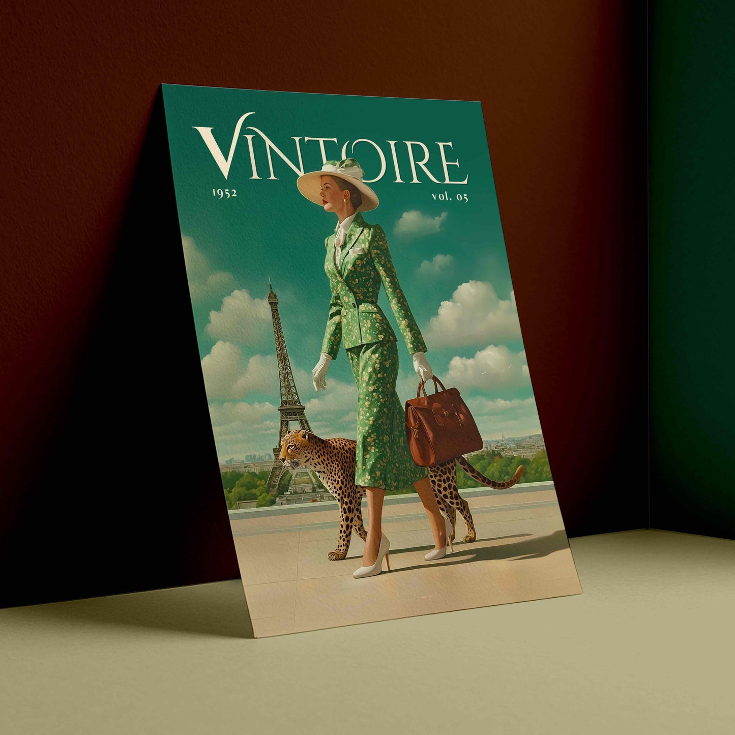 A vintage-style illustrated magazine or book cover titled "VINTOIRE" leans against a dark brown wall on a beige floor. The cover art shows a woman in a green patterned outfit walking with two leopards, with the Eiffel Tower in the background under a blue sky.