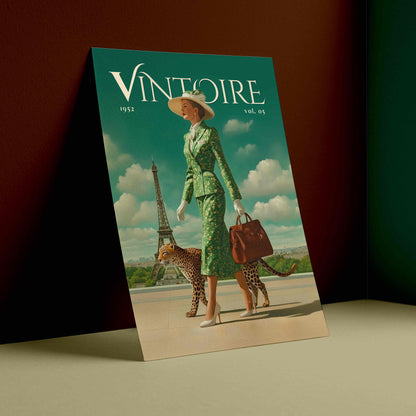 A vintage-style illustrated magazine or book cover titled "VINTOIRE" leans against a dark brown wall on a beige floor. The cover art shows a woman in a green patterned outfit walking with two leopards, with the Eiffel Tower in the background under a blue sky.