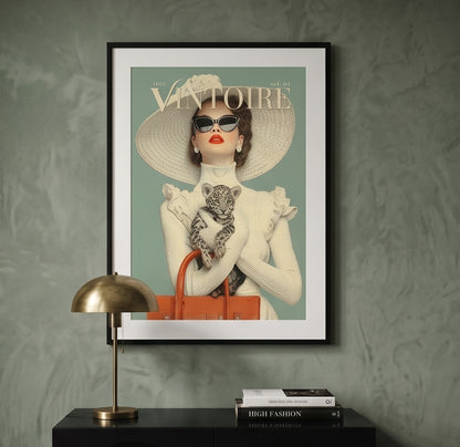 A framed art print featuring a vintage Vogue magazine cover illustration of a woman in a large hat holding a leopard, displayed on a textured gray wall above a black console table with a brass lamp and books.