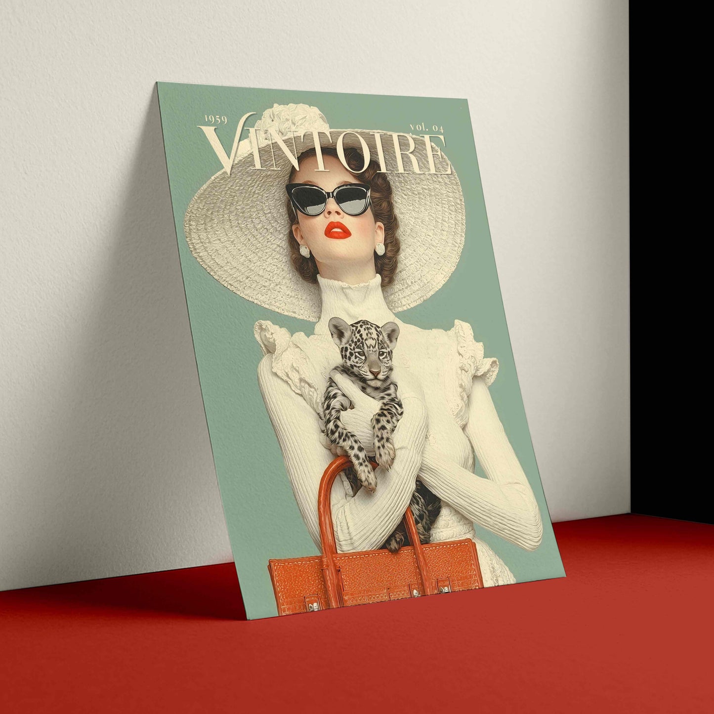A vintage-style illustrated magazine cover leaning against a wall on a red surface. The cover features a woman in a large straw hat and sunglasses holding a leopard, with the title 'VINTOIRE' at the top.