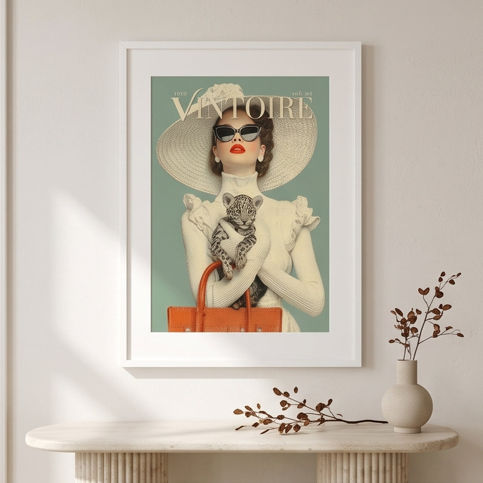 A framed art print featuring a vintage Vogue cover illustration of a woman in a large sunhat and sunglasses holding a cat, displayed on a light wall above a console table with a vase and dried branches.
