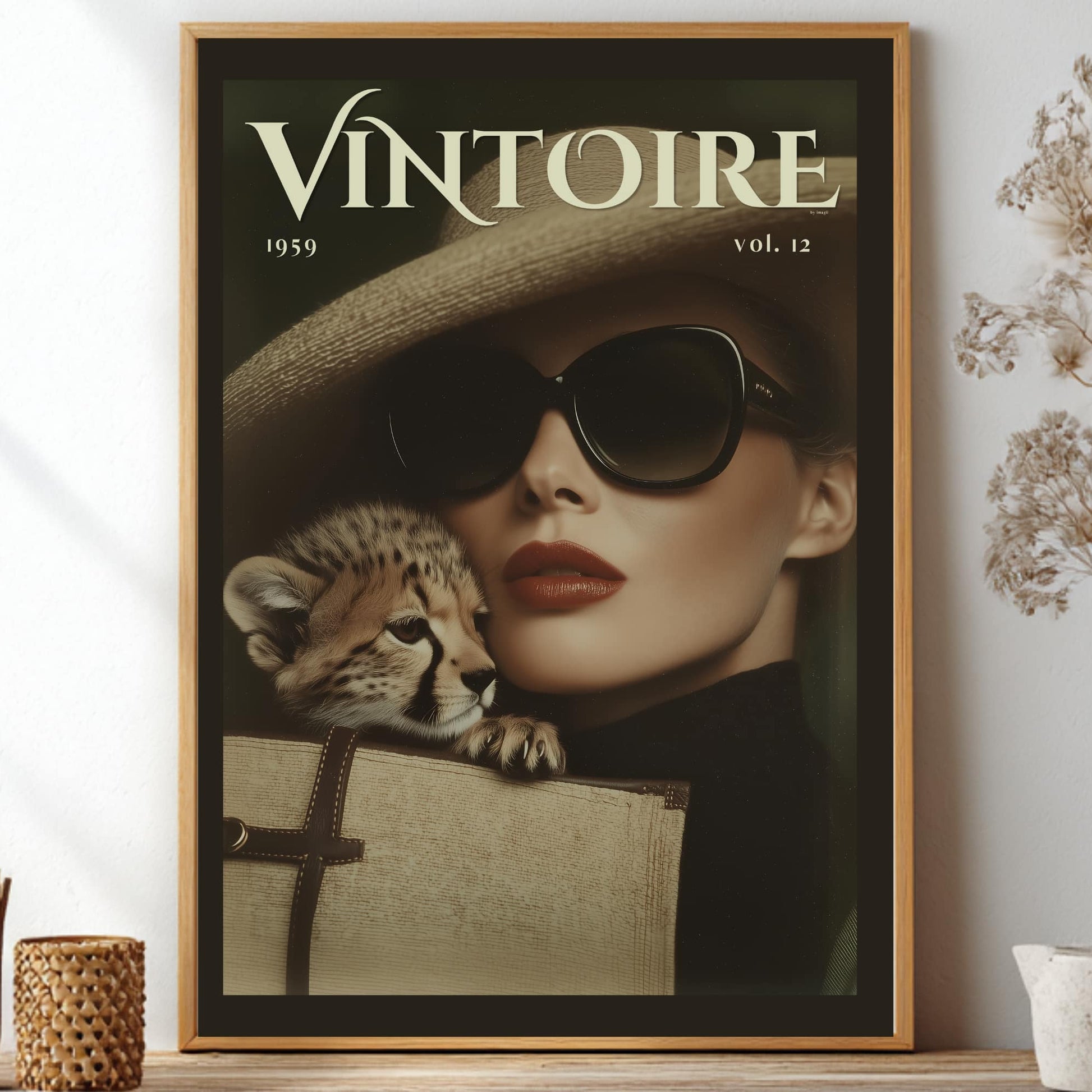 A framed vintage-style poster with the title 'VINTOIRE 1959 vol. 12' hangs on a wall above a shelf.