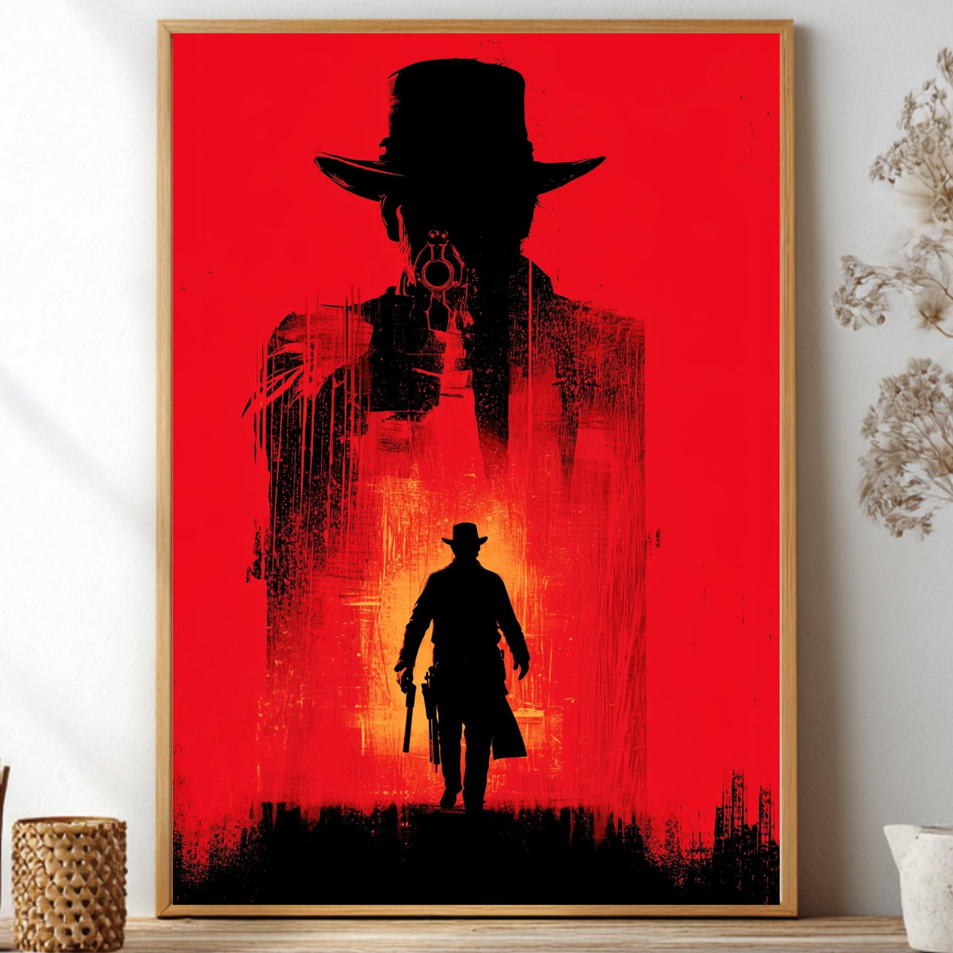 Red Dead Redemption 2 poster featuring a double exposure silhouette of a western cowboy aiming a gun on a striking red background for gaming room decor