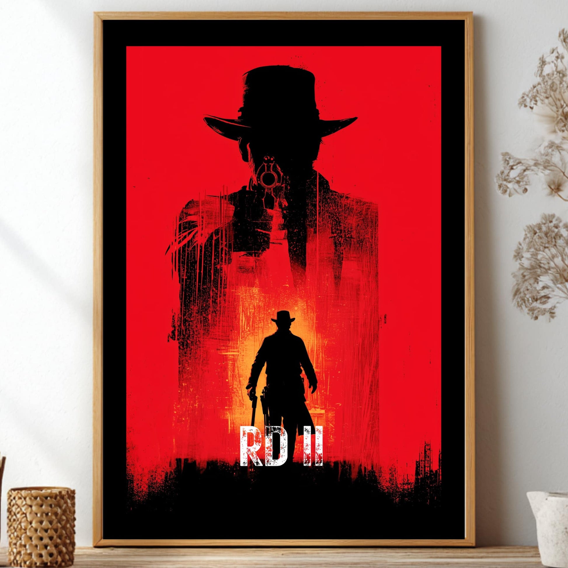 Red Dead Redemption 2 poster featuring a double exposure silhouette of a western cowboy aiming a gun on a striking red background for gaming room decor