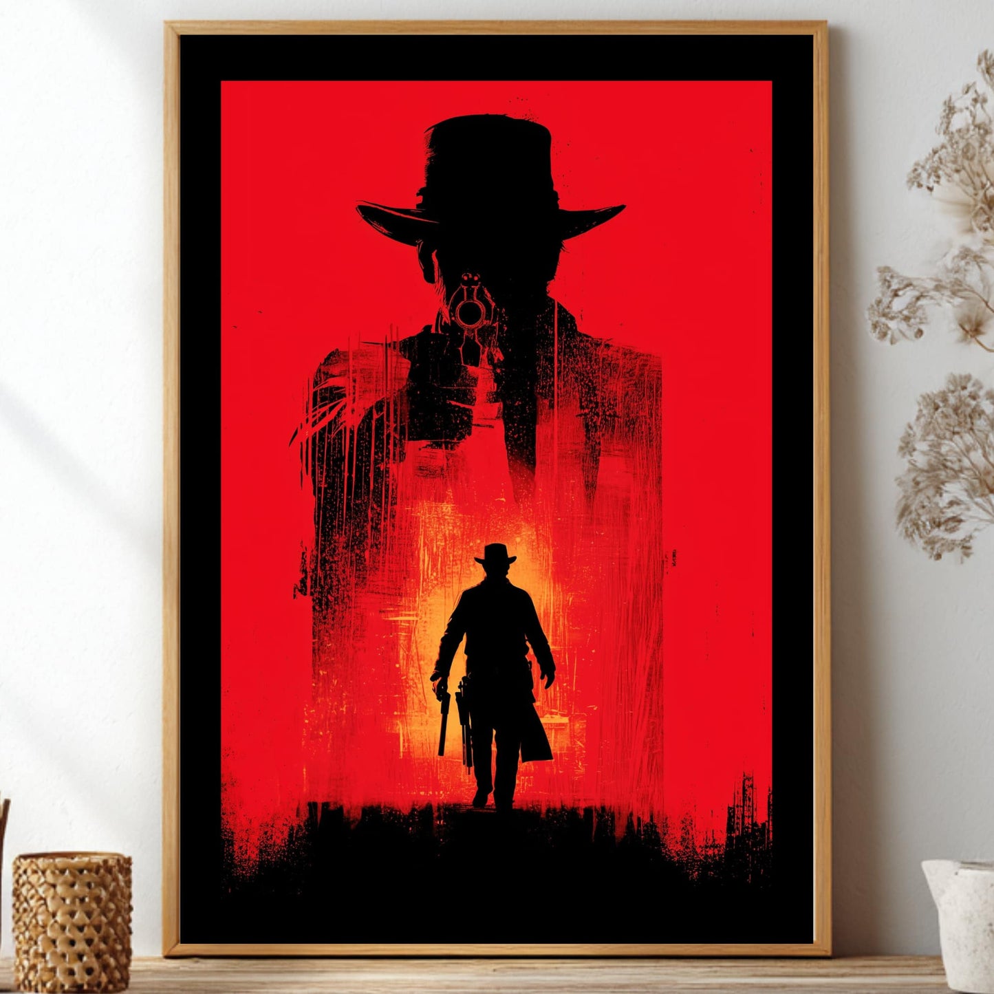 Red Dead Redemption 2 poster featuring a double exposure silhouette of a western cowboy aiming a gun on a striking red background for gaming room decor