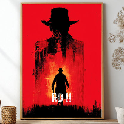 Red Dead Redemption 2 poster featuring a double exposure silhouette of a western cowboy aiming a gun on a striking red background for gaming room decor