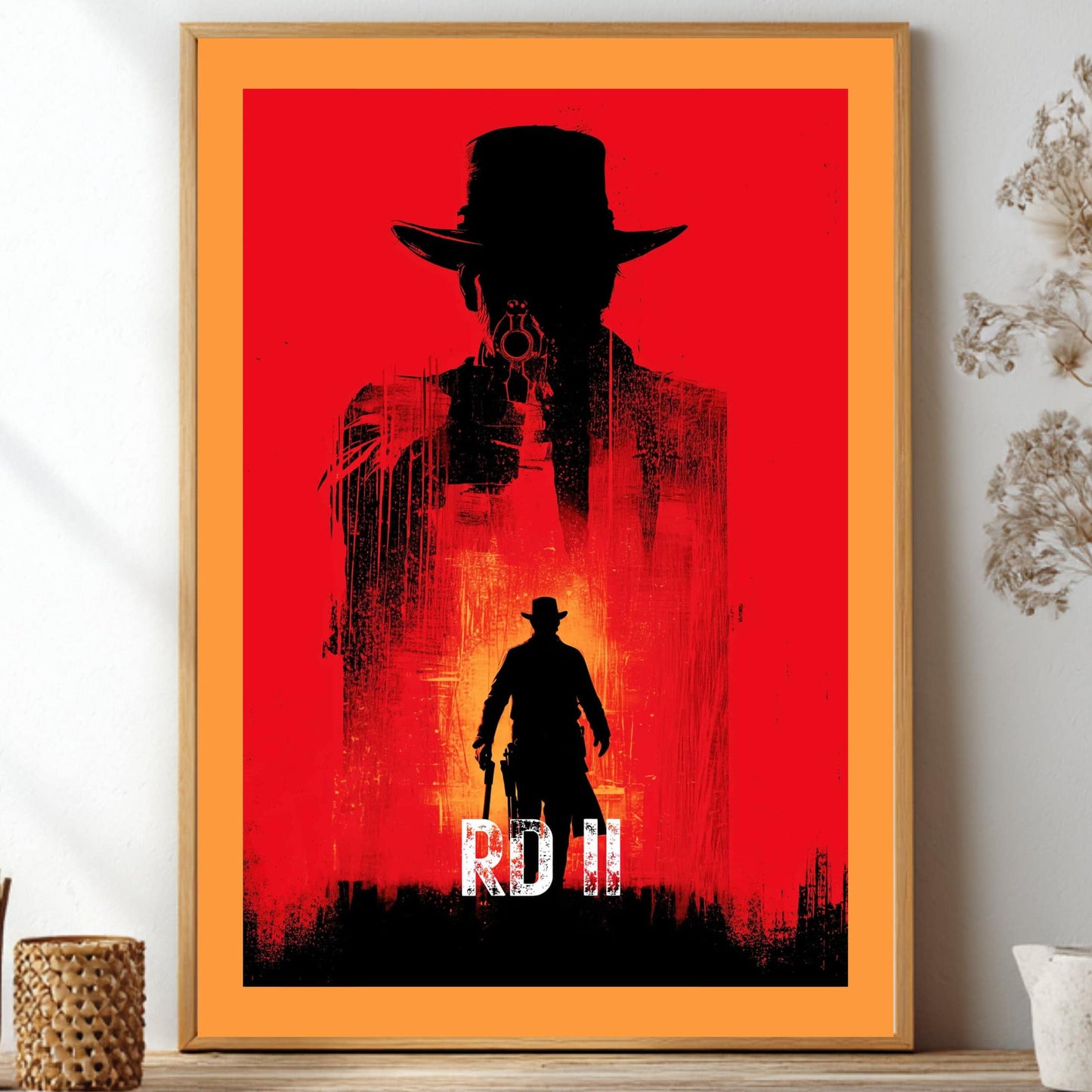 Red Dead Redemption 2 poster featuring a double exposure silhouette of a western cowboy aiming a gun on a striking red background for gaming room decor