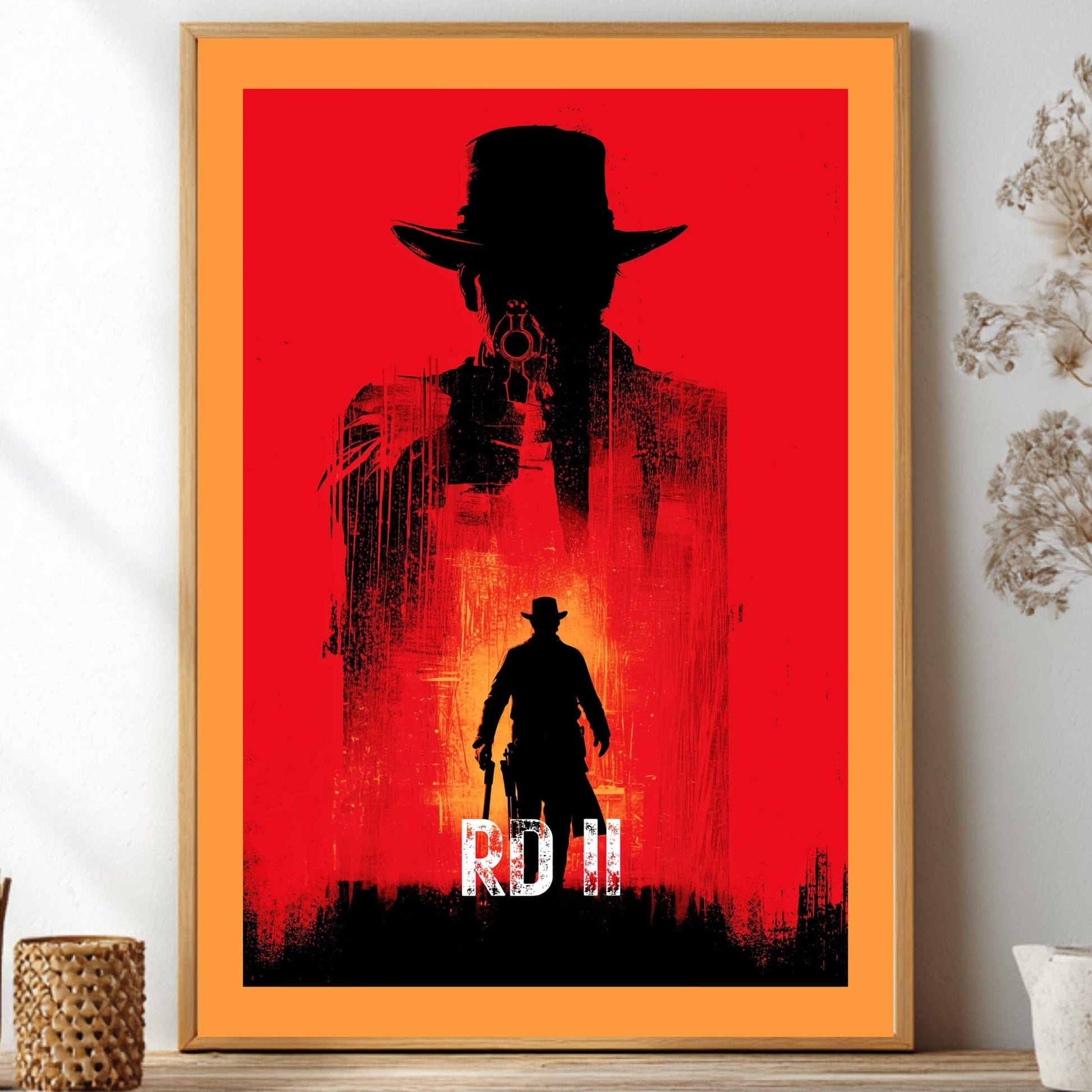 Red Dead Redemption 2 poster featuring a double exposure silhouette of a western cowboy aiming a gun on a striking red background for gaming room decor