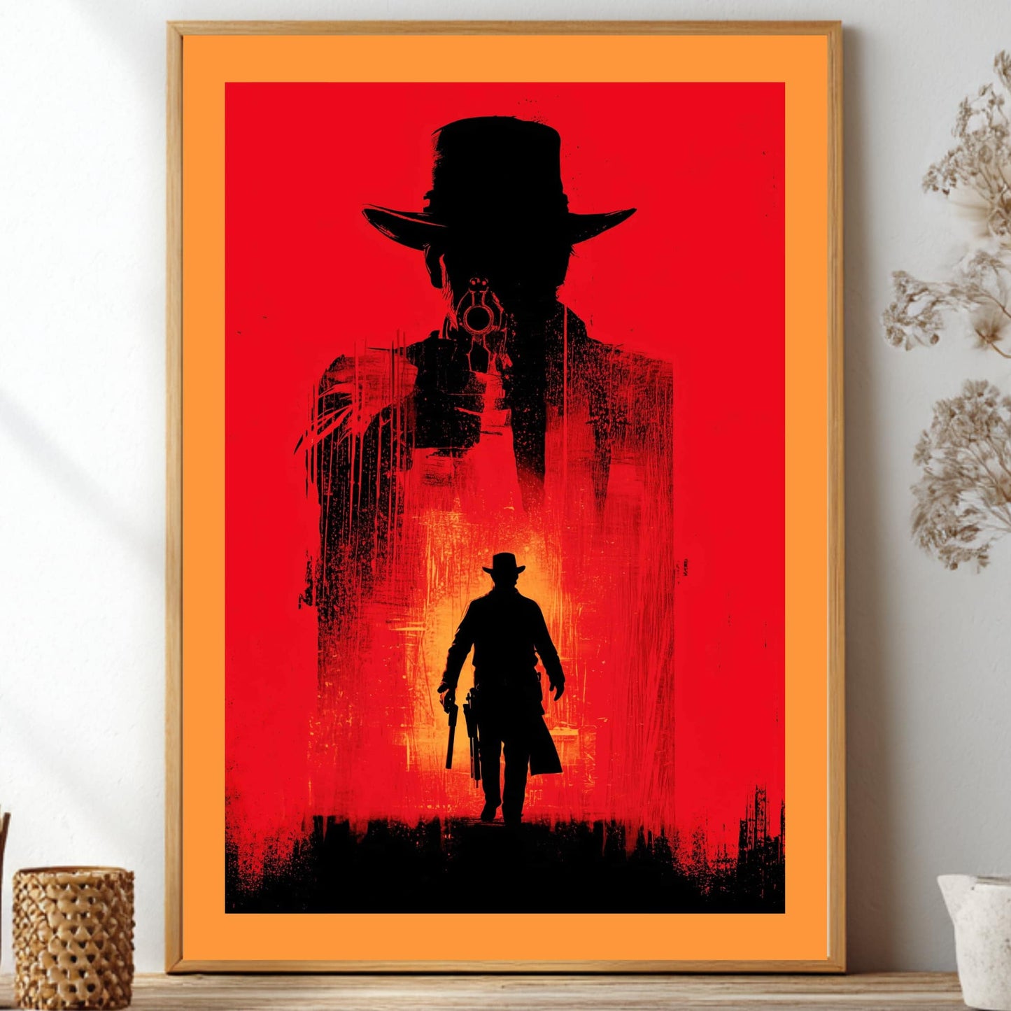 Red Dead Redemption 2 poster featuring a double exposure silhouette of a western cowboy aiming a gun on a striking red background for gaming room decor