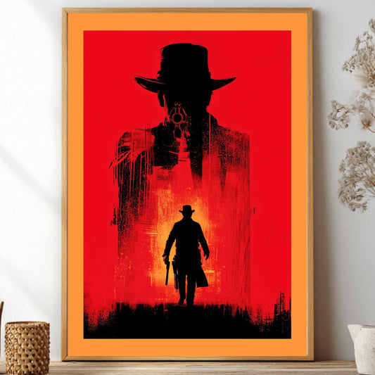 Red Dead Redemption 2 poster featuring a double exposure silhouette of a western cowboy aiming a gun on a striking red background for gaming room decor