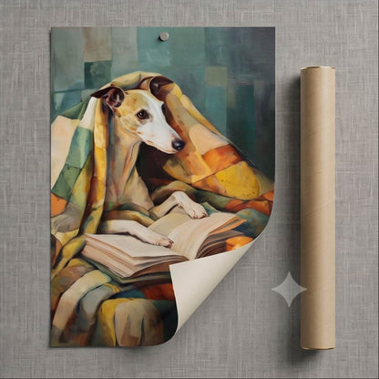 Whippet Reading Under a Vibrant Quilt