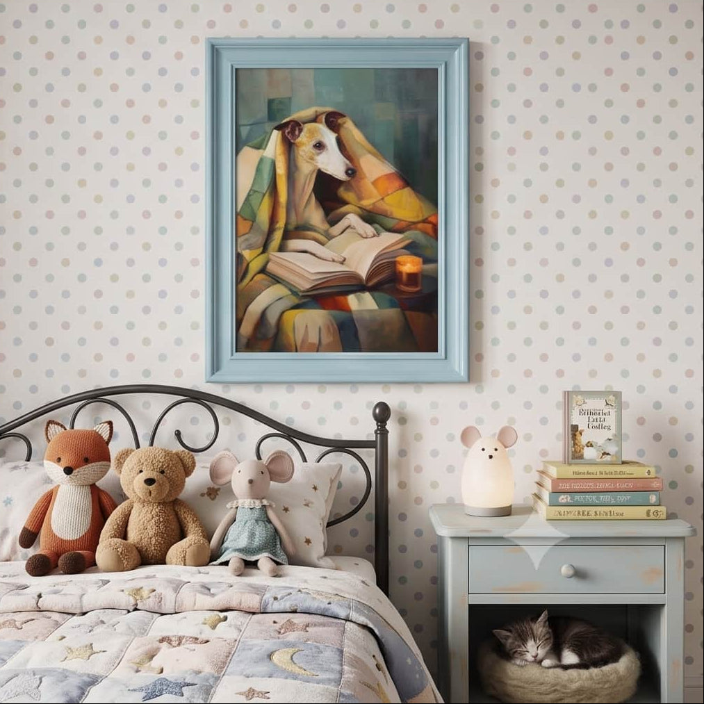 Vintage-style oil painting of a whippet reading a book under a colourful patchwork quilt by candlelight.