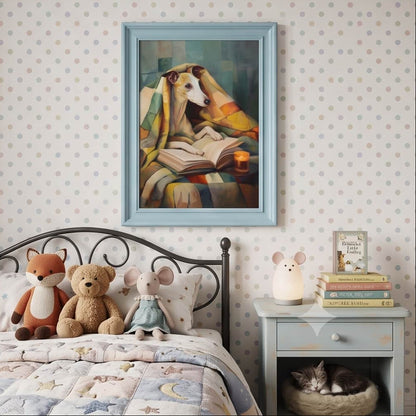 Vintage-style oil painting of a whippet reading a book under a colourful patchwork quilt by candlelight.