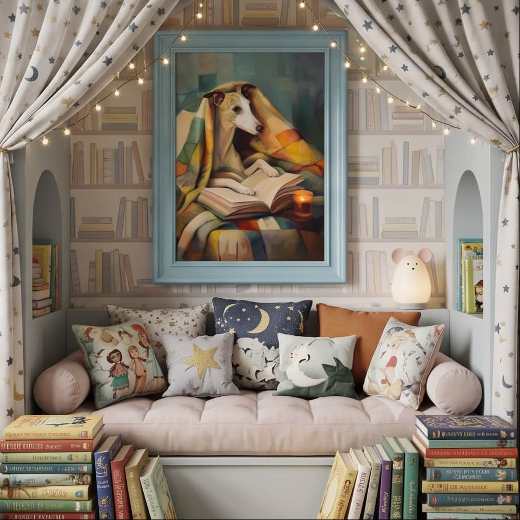 Whippet Reading Under a Vibrant Quilt
