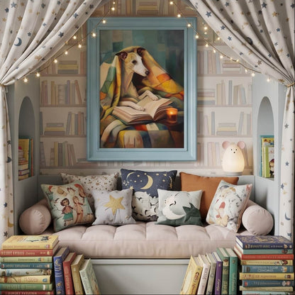 Whippet Reading Under a Vibrant Quilt