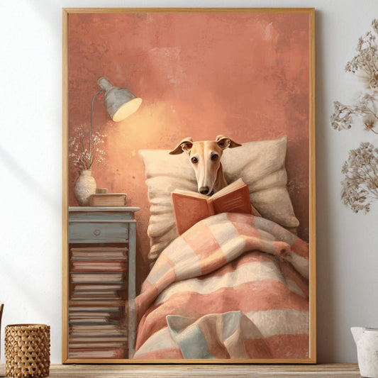 Whimsical whippet tucked in striped bed reading a red book under lamplight, warm terracotta cottagecore poster for cosy reading nooks.