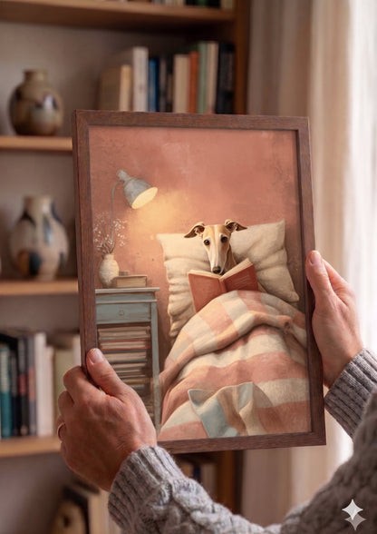 Whippet Reading in Bed