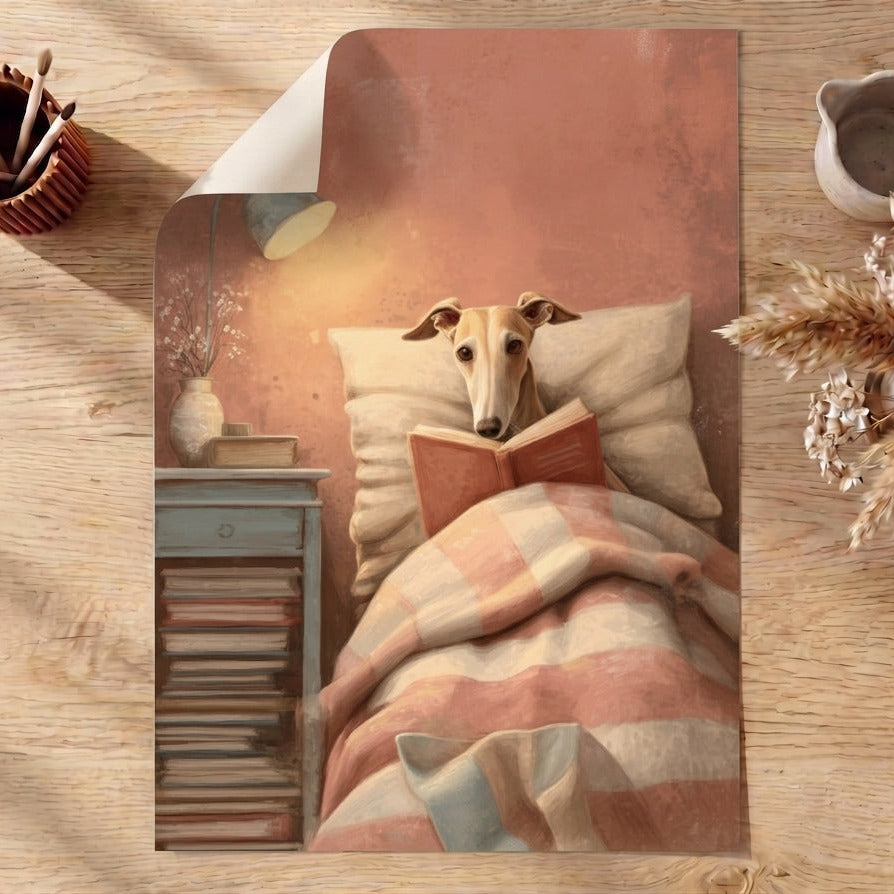 Illustration of a whippet dog reading a book in bed on a wooden surface with decor items.