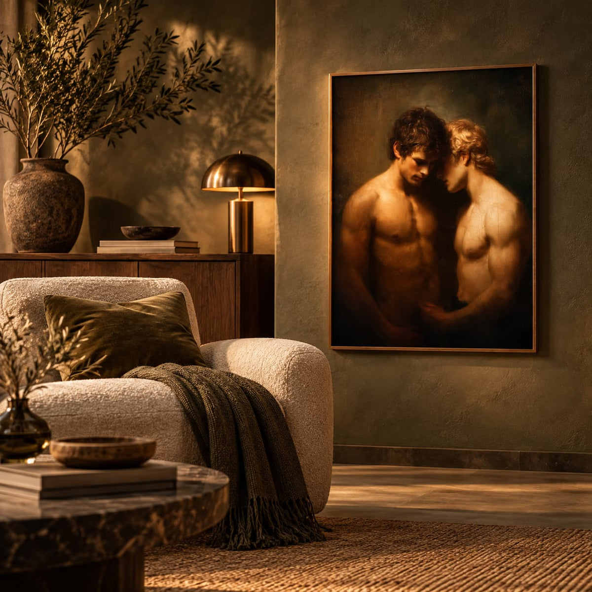 A framed classical-style painting of two shirtless figures hangs on a textured olive-green wall in a warmly lit living room with a beige armchair, lamp, and wood furniture.