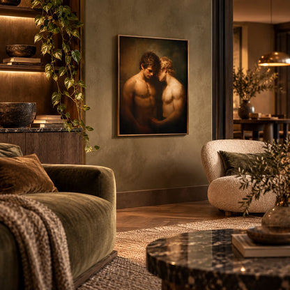 A framed classical-style painting of two embracing figures hangs on a textured olive-gray wall in a modern, warmly lit living room with velvet furniture and a marble coffee table.