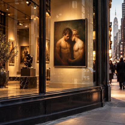 A large framed classical painting of two nude male figures hangs in a city storefront window at dusk, with pedestrians visible outside and gallery interiors seen through the glass.