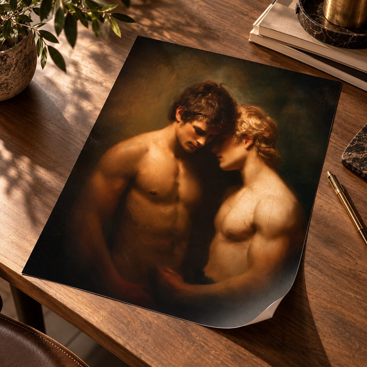 A large art print depicting two classical male figures in a warm, chiaroscuro-style painting, displayed on a wooden desk with books, a plant, and a pen nearby.