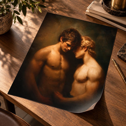 A large art print depicting two classical male figures in a warm, chiaroscuro-style painting, displayed on a wooden desk with books, a plant, and a pen nearby.