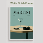 A framed art print featuring a minimalist Martini poster design with a martini glass, a small dish, and an ashtray on a round table, shown with a white frame and the text 'White Finish Frame' above it.