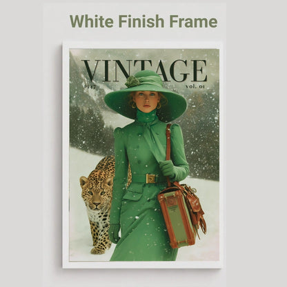 A vintage-style magazine cover framed in white, titled 'VINTAGE vol. 01,' showing a woman in a green hat and coat standing in snow beside a leopard.