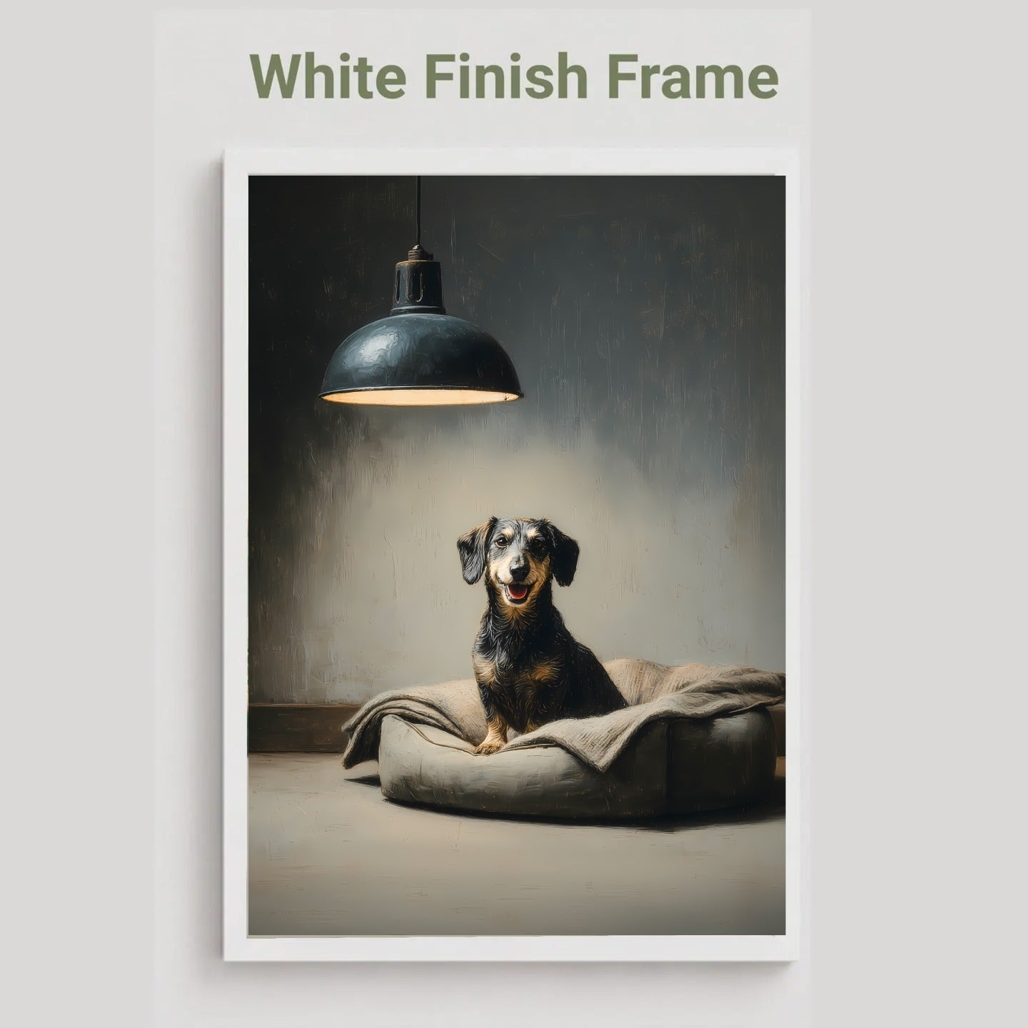 A framed vertical art print featuring a dachshund sitting on a cushion under a hanging lamp, with the text 'White Finish Frame' above the print on a light gray background.