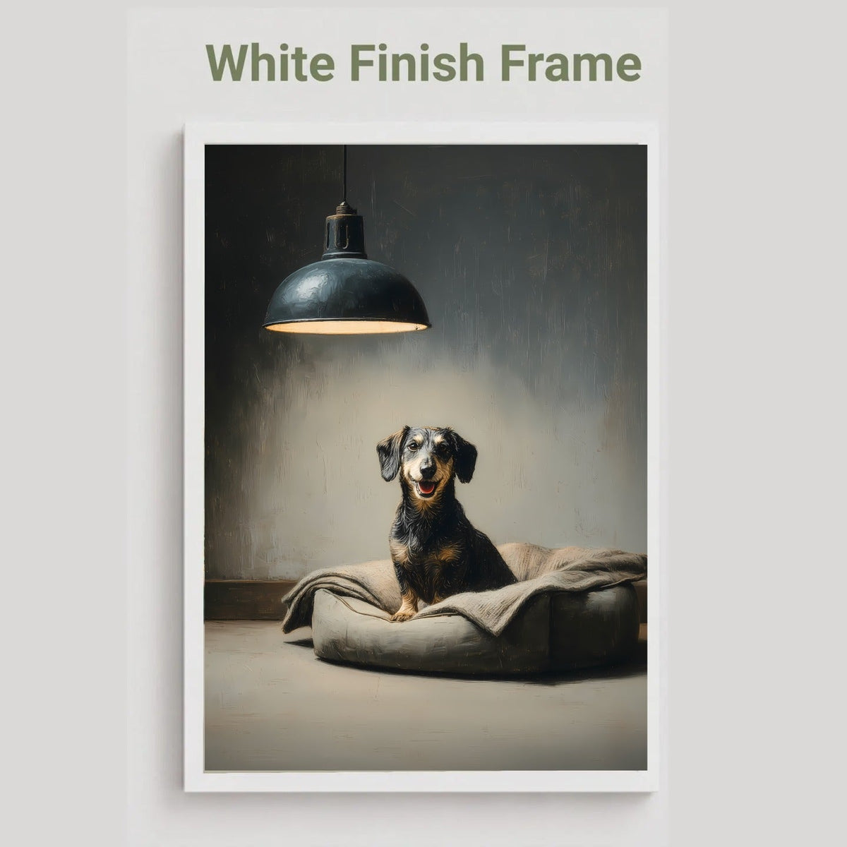A framed vertical art print featuring a dachshund sitting on a cushion under a hanging lamp, with the text 'White Finish Frame' above the print on a light gray background.